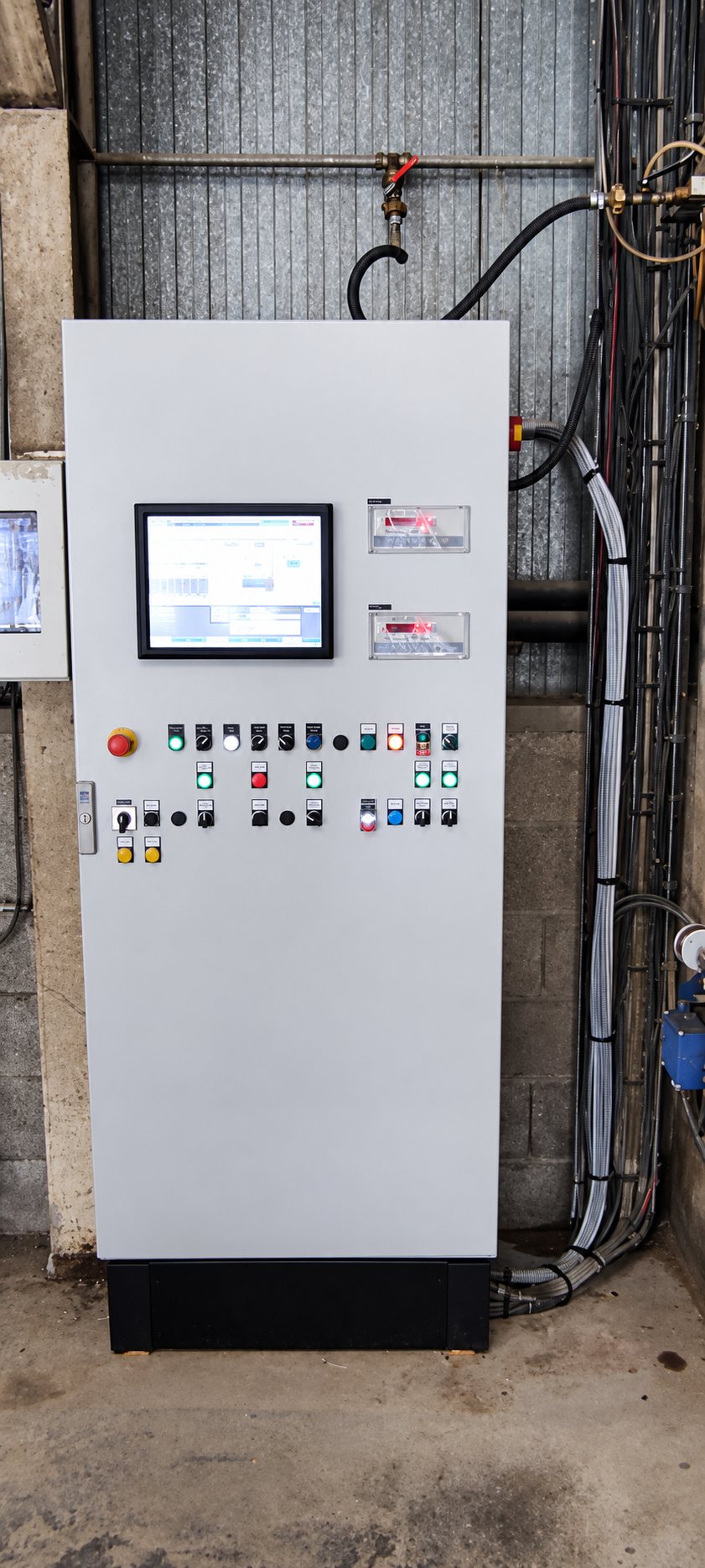 Armoire électrique grise équipée d’un écran tactile, de boutons lumineux et de commutateurs, installée contre un mur dans un local industriel.