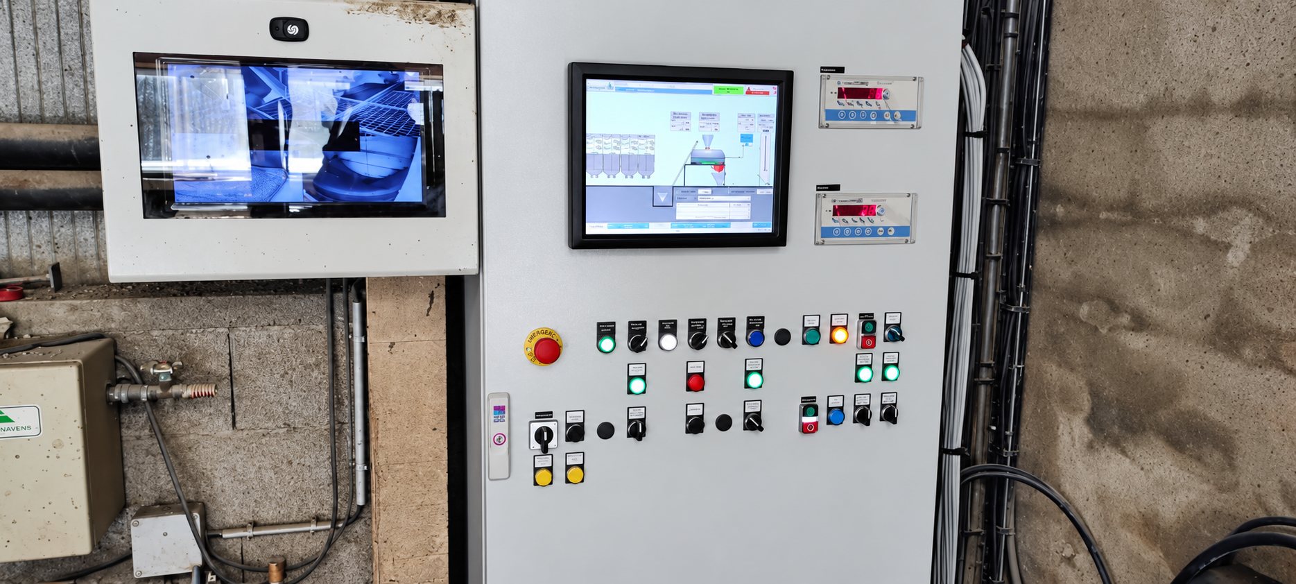 Armoire électrique grise équipée d’un écran de supervision, de deux afficheurs numériques, de boutons, de voyants et d’un arrêt d’urgence, installée dans un local technique.