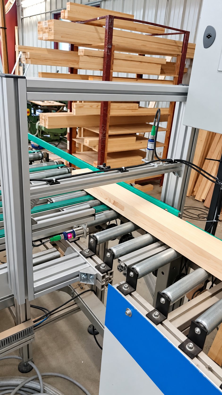Planche de bois clair avançant sur un convoyeur à rouleaux équipé de capteurs, devant des étagères de bois empilé.