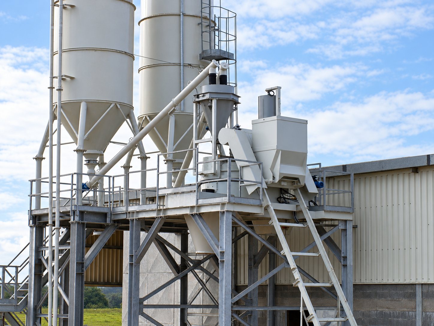 Deux grands silos gris sur une structure métallique avec escaliers et passerelles, devant un bâtiment à bardage métallique.
