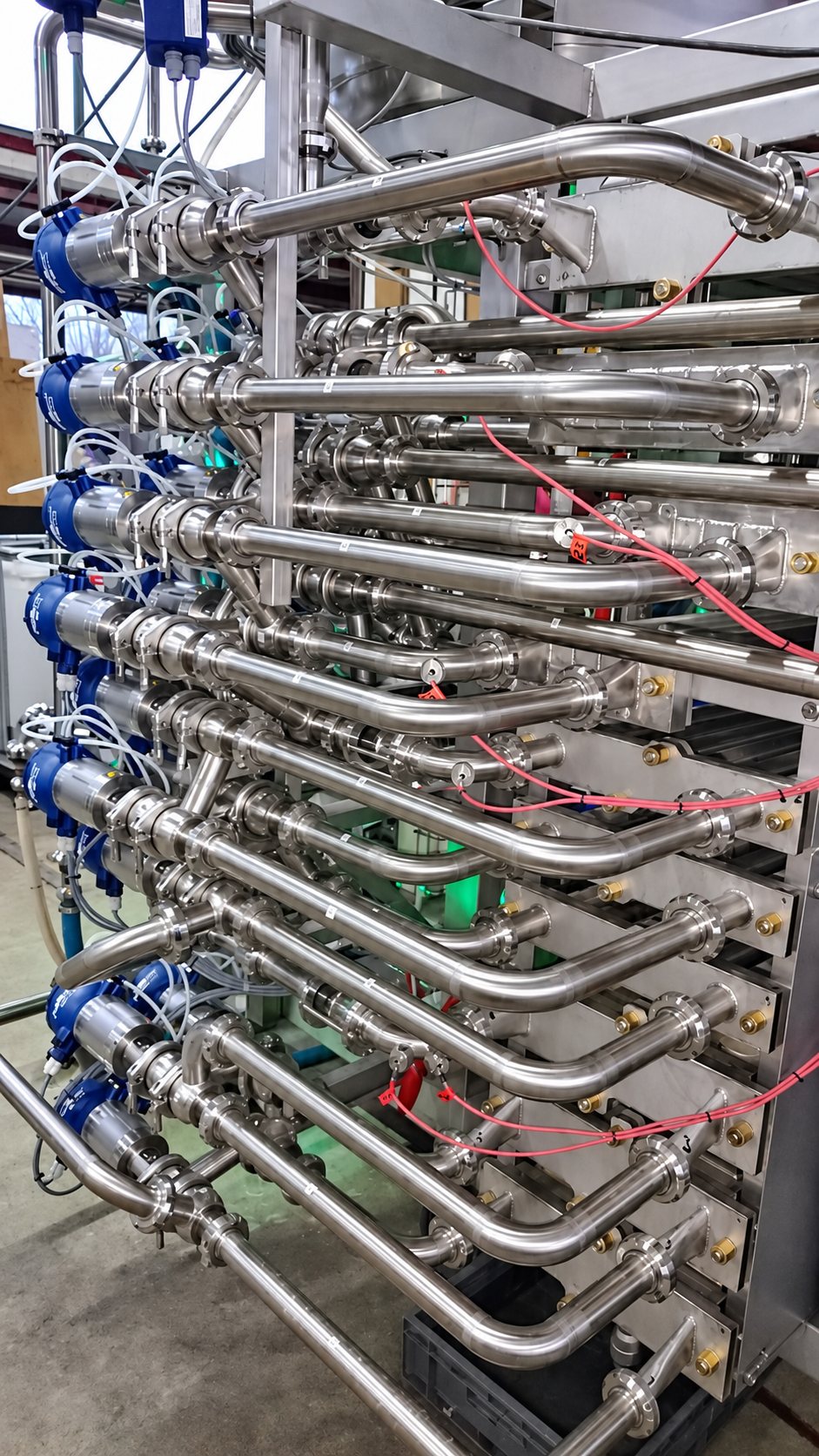 Empilement de tuyaux en inox reliés à des vannes bleues et à un échangeur thermique dans un atelier de production.